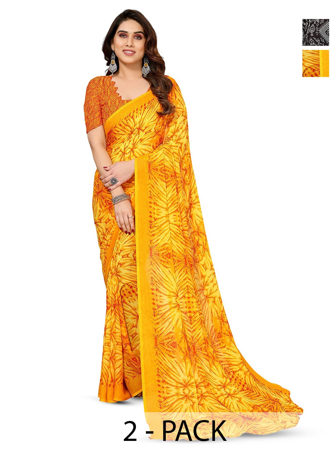 

ANAND SAREES Selection Of 2 Abstract Printed Saree, Yellow