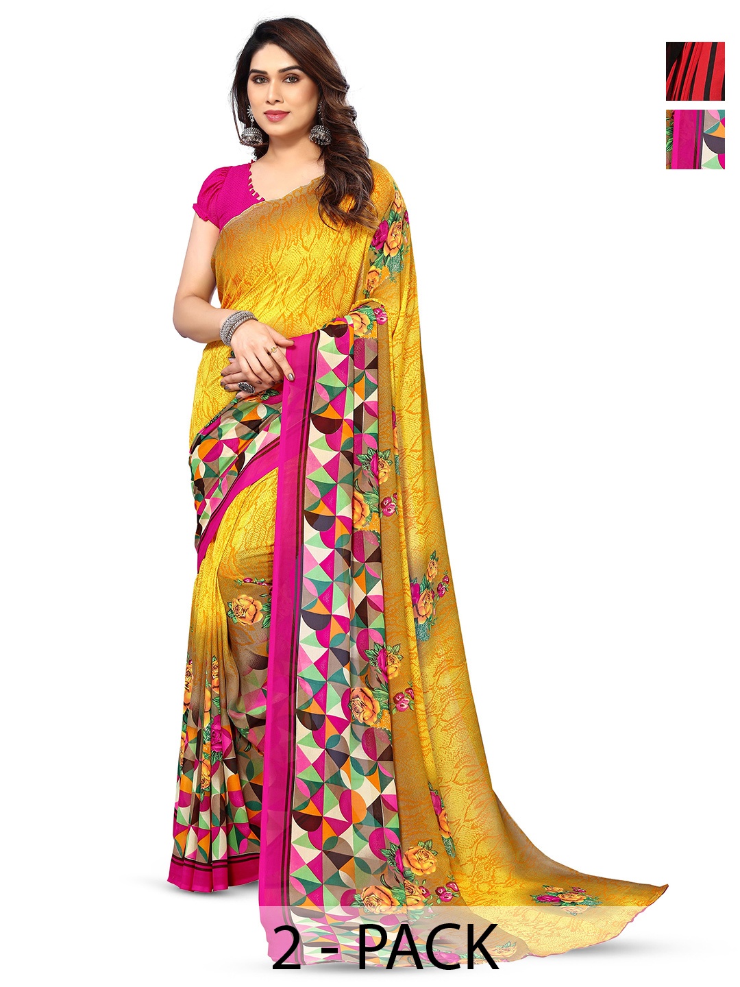 

ANAND SAREES Selection Of 2 Geometric Printed Saree, Black