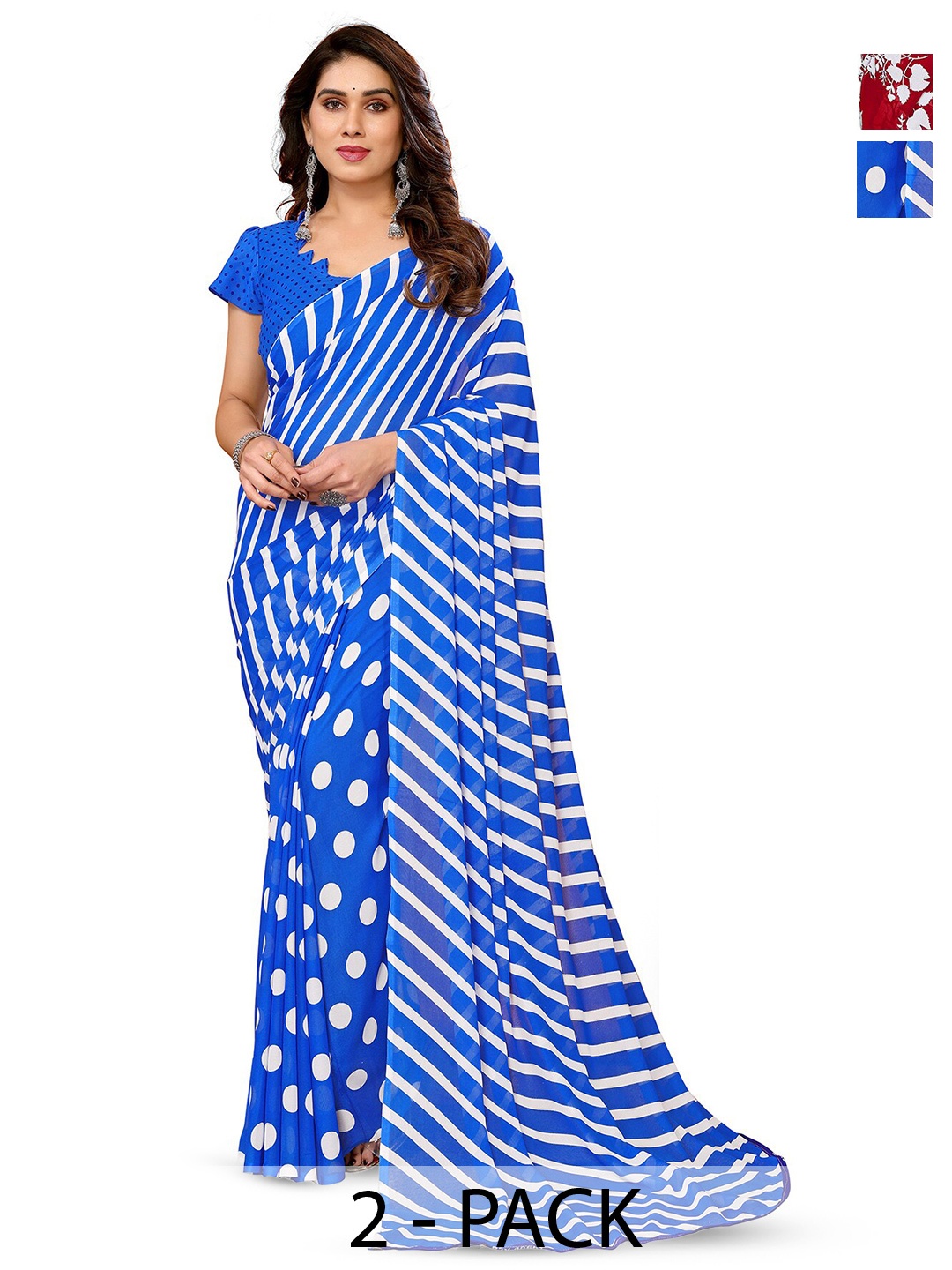 

ANAND SAREES Selection of 2 Floral Printed Sarees, Red
