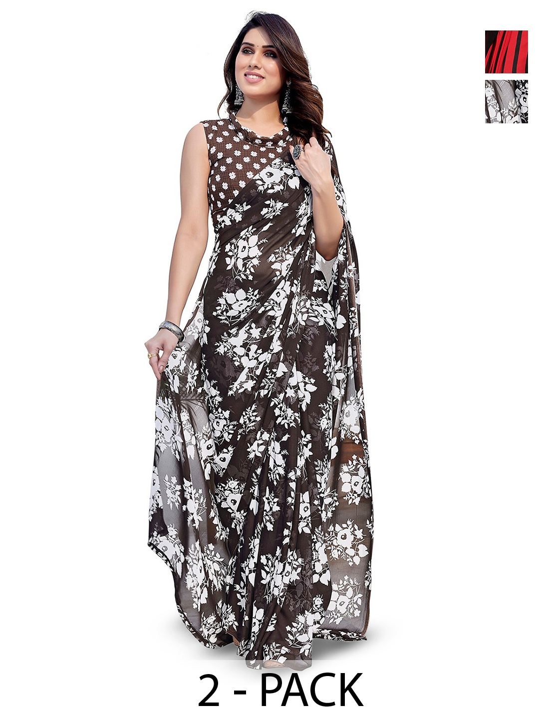 ANAND SAREES Selection Of 2 Floral Printed Sarees, Black