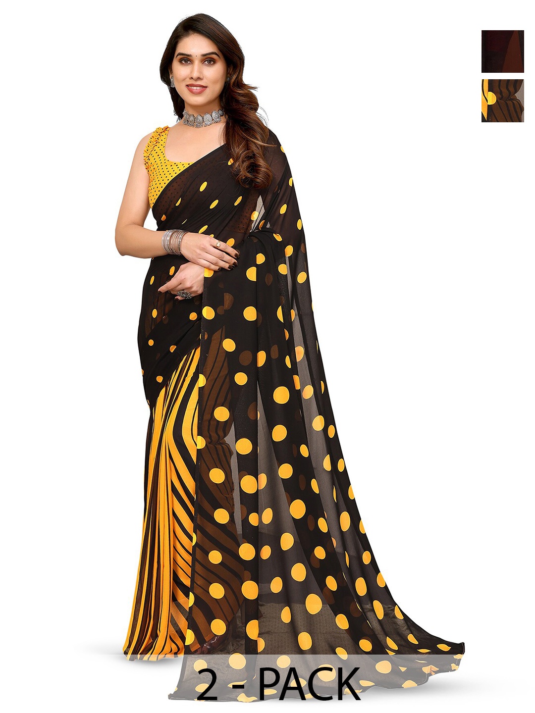 

ANAND SAREES Selection Of 2 Polka Dot Printed Saree, Black