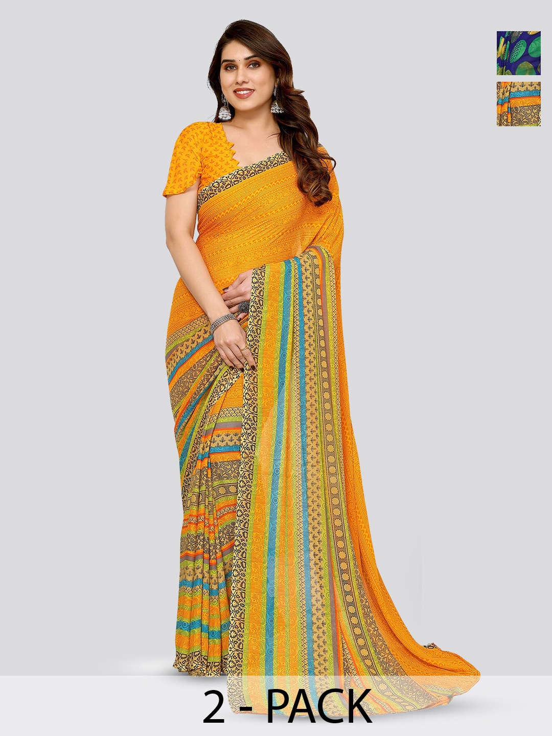 

ANAND SAREES Selection Of 2 Geometric Printed Sarees, Blue