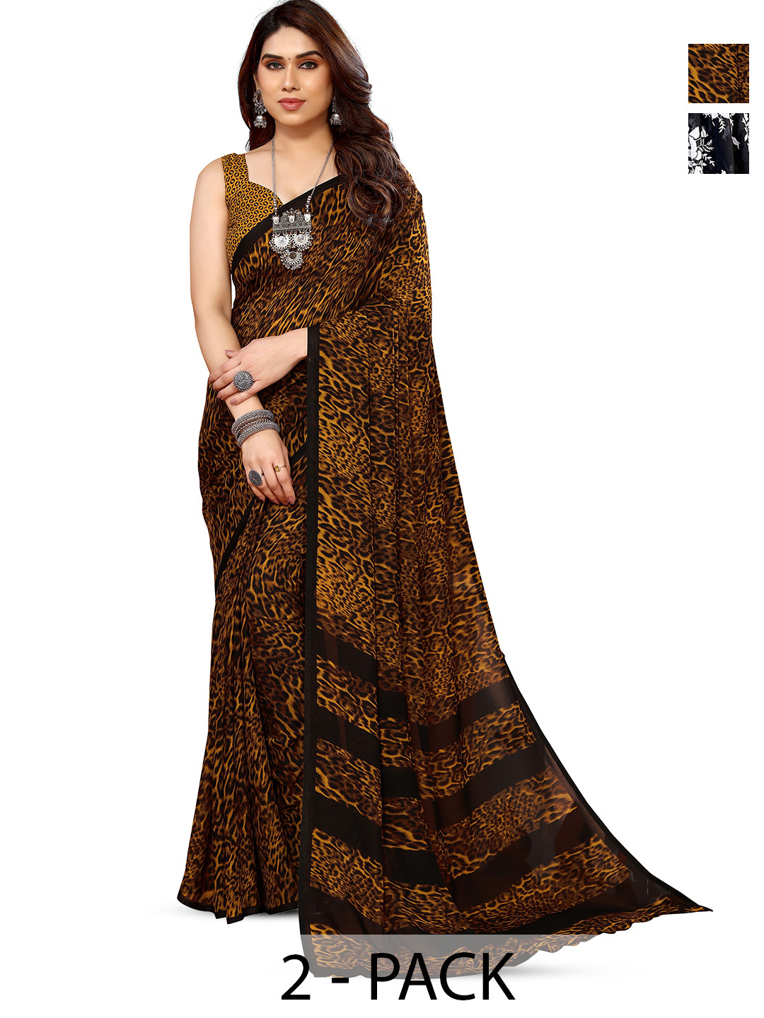 

ANAND SAREES Selection Of 2 Floral Printed Sarees, Black