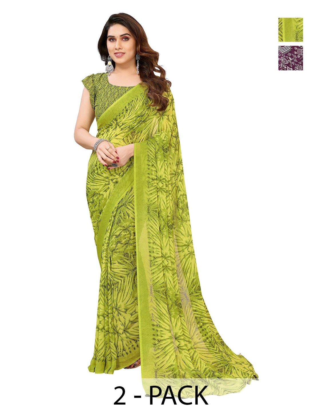 

ANAND SAREES Selection Of 2 Ethnic Motifs Printed Sarees, Green