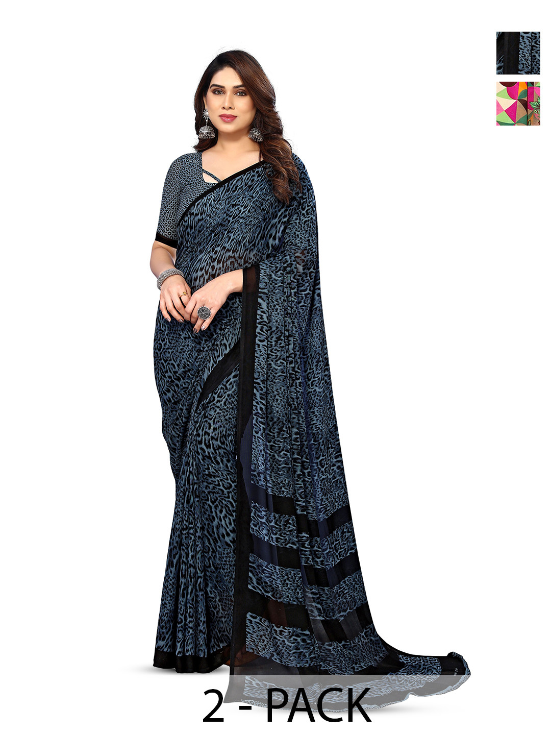 

ANAND SAREES Selection Of 2 Abstract Printed Sarees, Blue