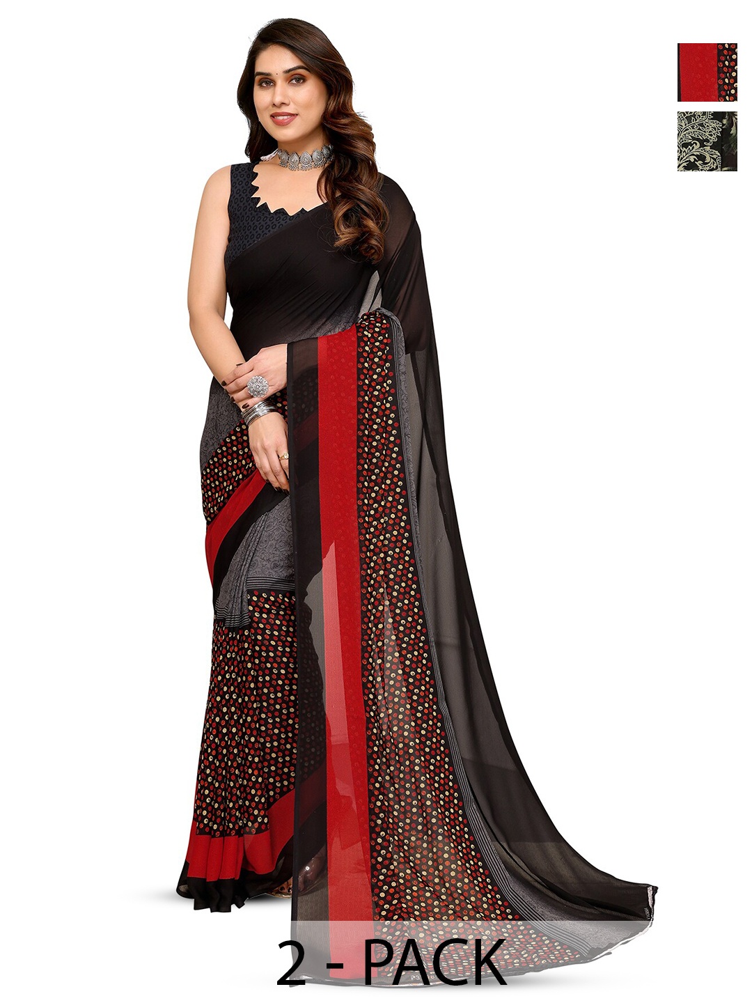 

ANAND SAREES Selection Of 2 Floral Printed Sarees, Green