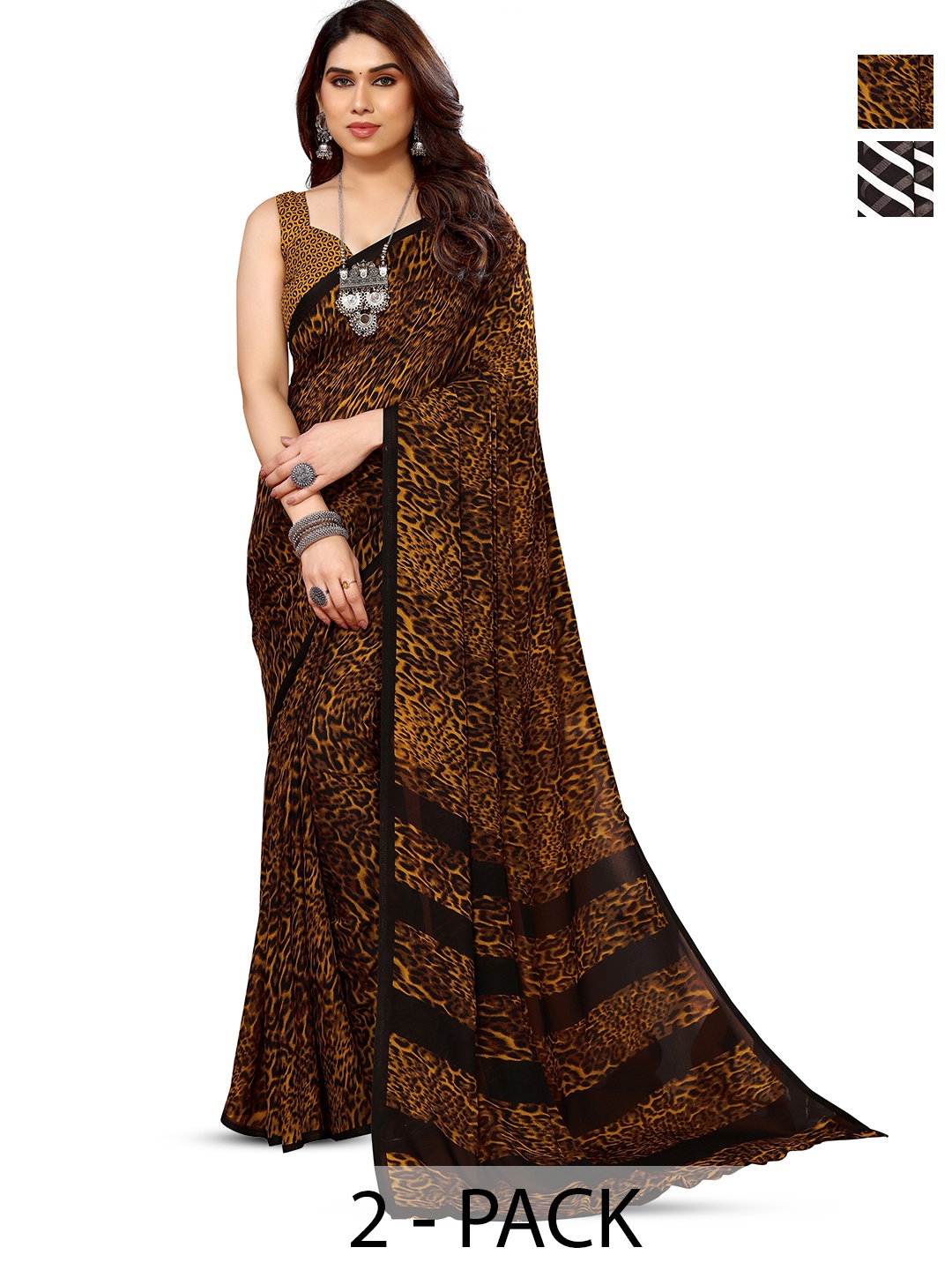 

ANAND SAREES Selection of 2 Striped Printed Sarees, Black
