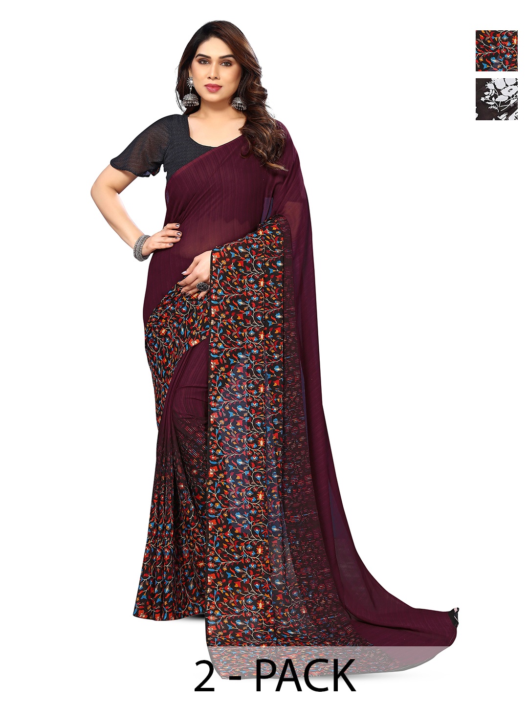 

ANAND SAREES Selection Of 2 Floral Saree, Brown