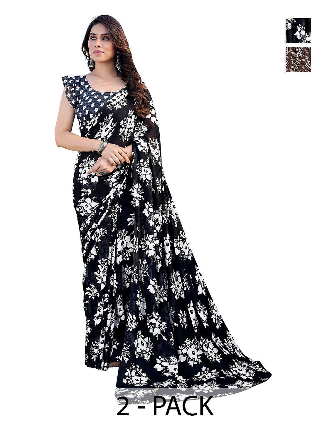 

ANAND SAREES Selection Of 2 Ethnic Motifs Printed Saree, Black
