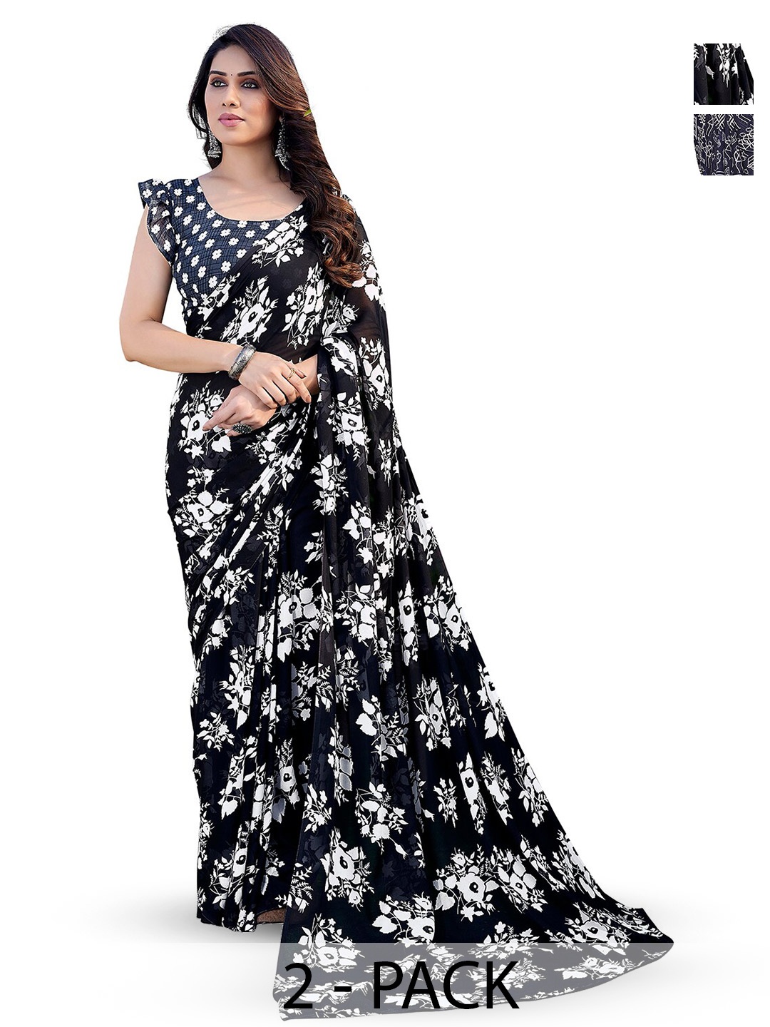 

ANAND SAREES Selection Of 2 Floral Printed Sarees, Black