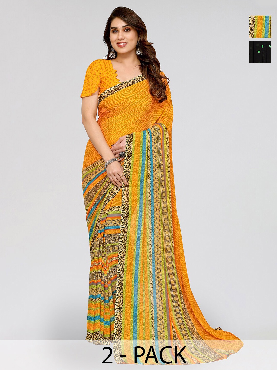 

ANAND SAREES Selection Of 2 Polka Dot Printed Sarees, Yellow