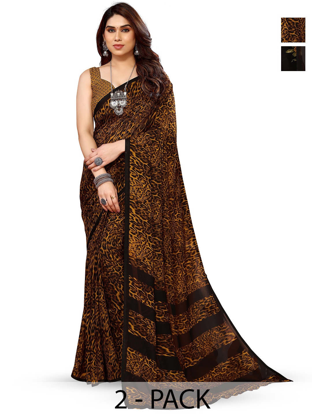 

ANAND SAREES Selection Of 2 Abstract Printed Sarees, Black