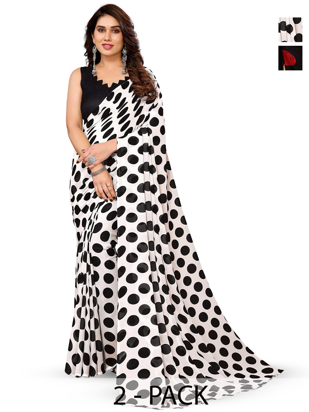 

ANAND SAREES Selection Of 2 Polka Dot Printed Saree, White