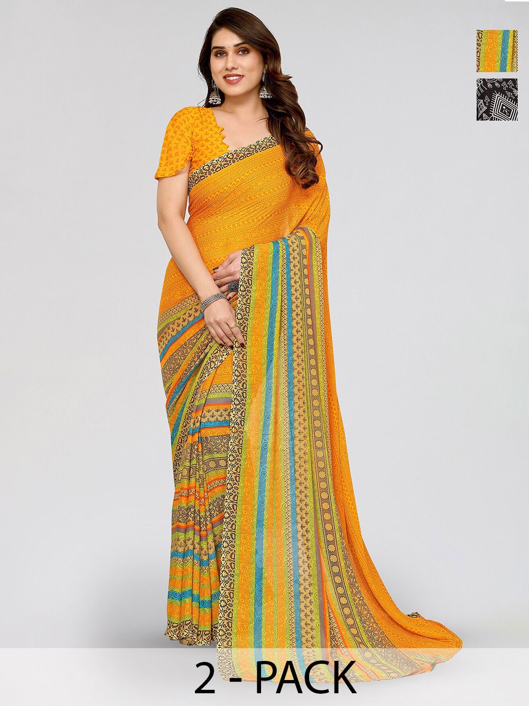 

ANAND SAREES Selection Of 2 Ethnic Motifs Printed Sarees, Yellow