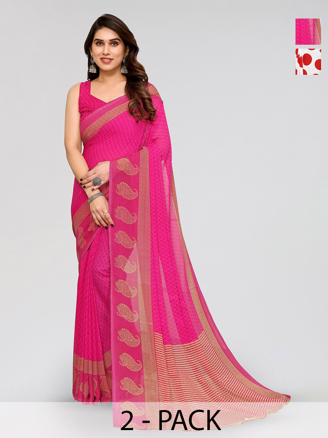 

ANAND SAREES Selection Of 2 Polka Dots Printed Sarees, White