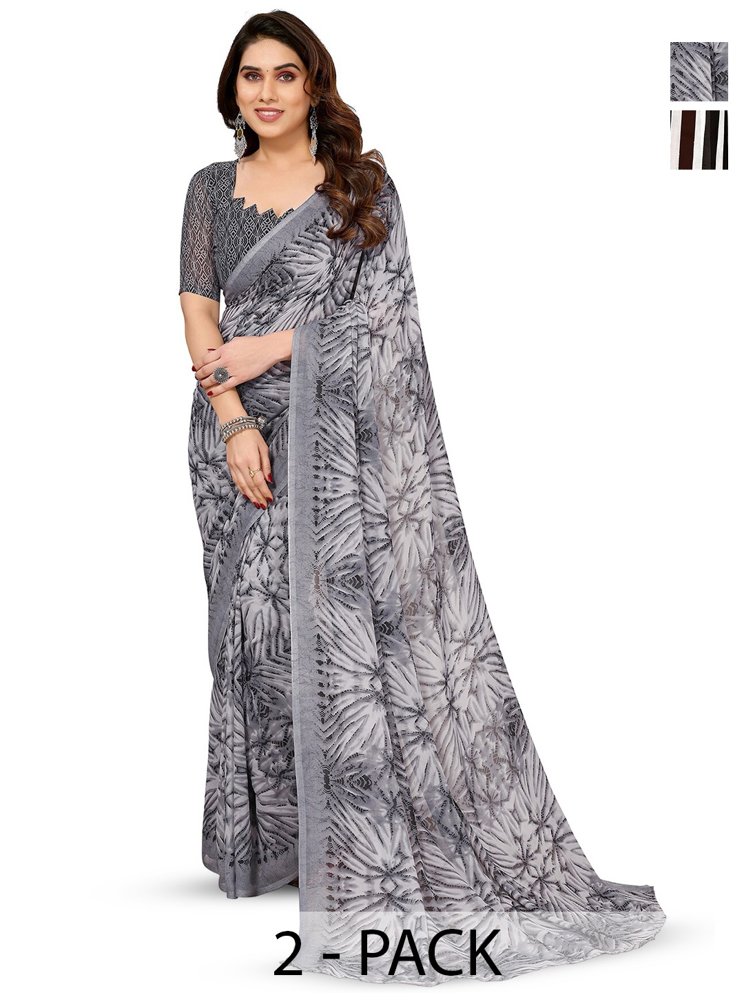 

ANAND SAREES Selection Of 2 Ethnic Motifs Printed Saree, Black