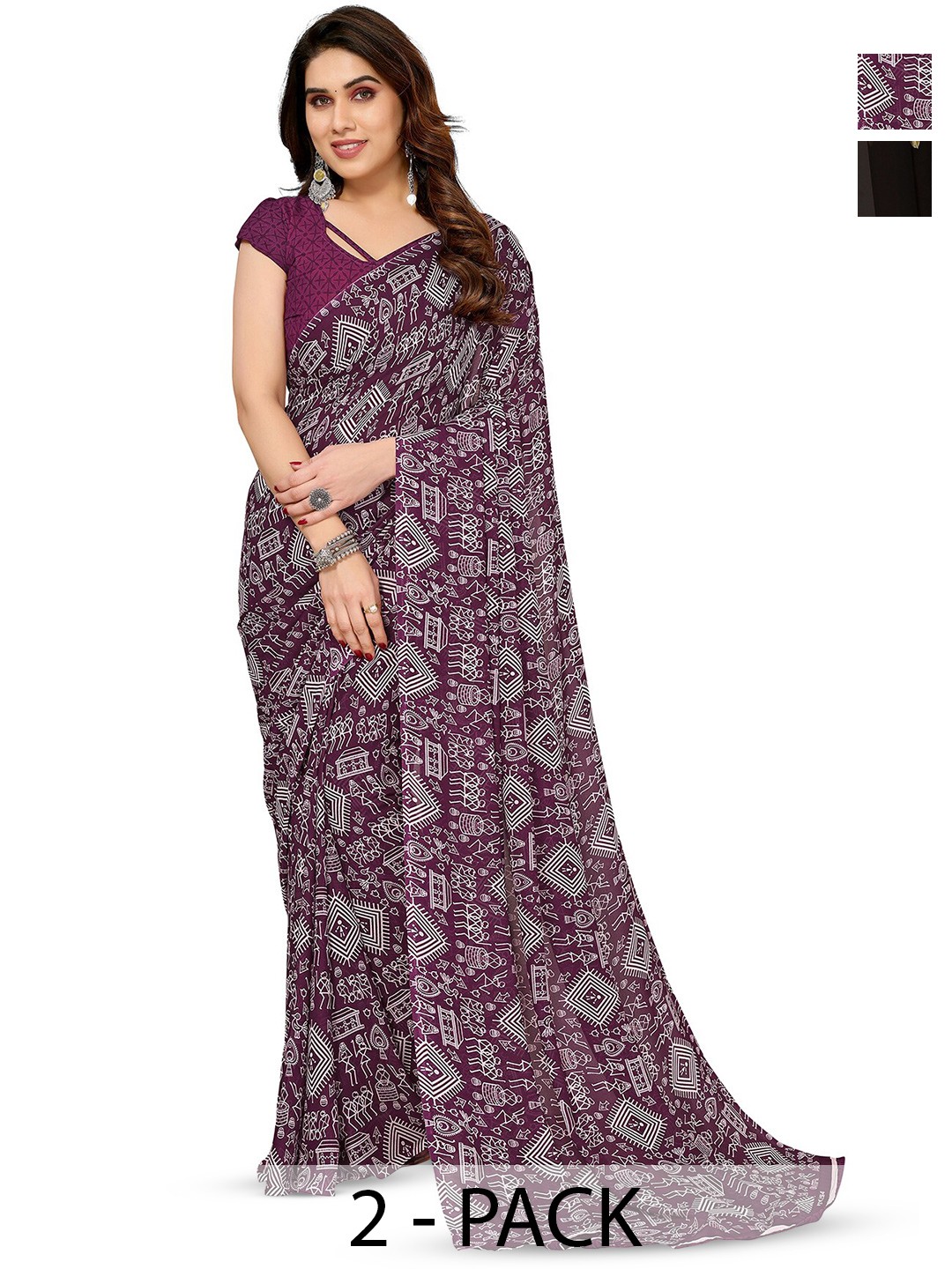 

ANAND SAREES Selection Of 2 Warli Printed Sarees, Purple