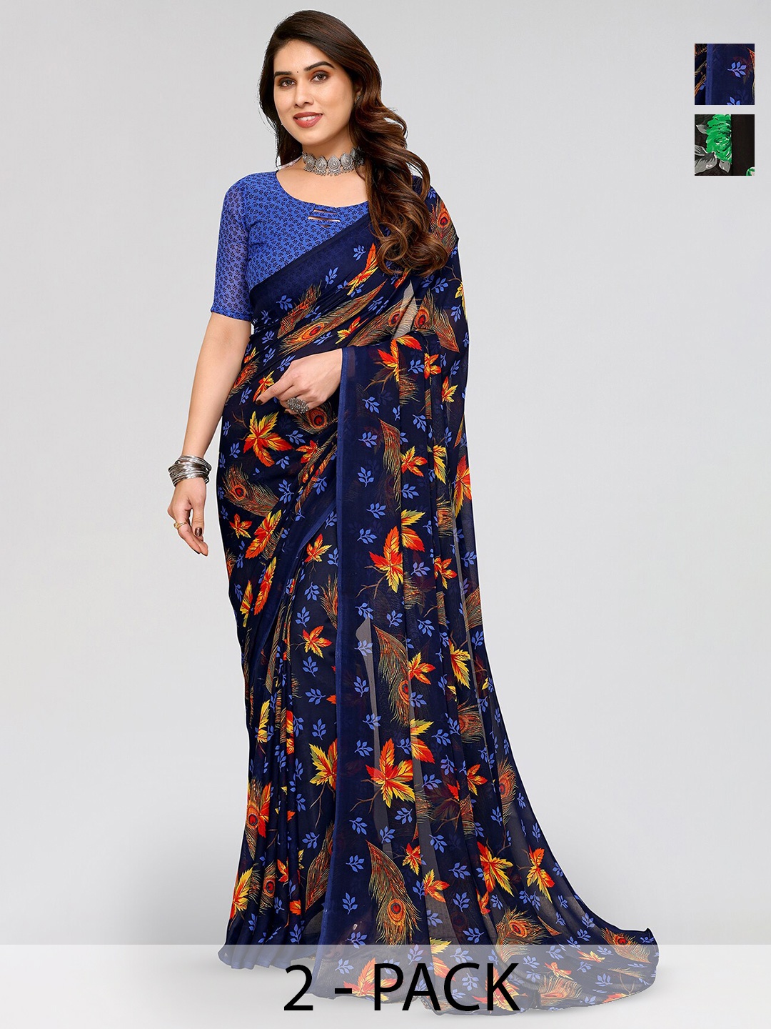 

ANAND SAREES Selection Of 2 Floral Printed Sarees, Black