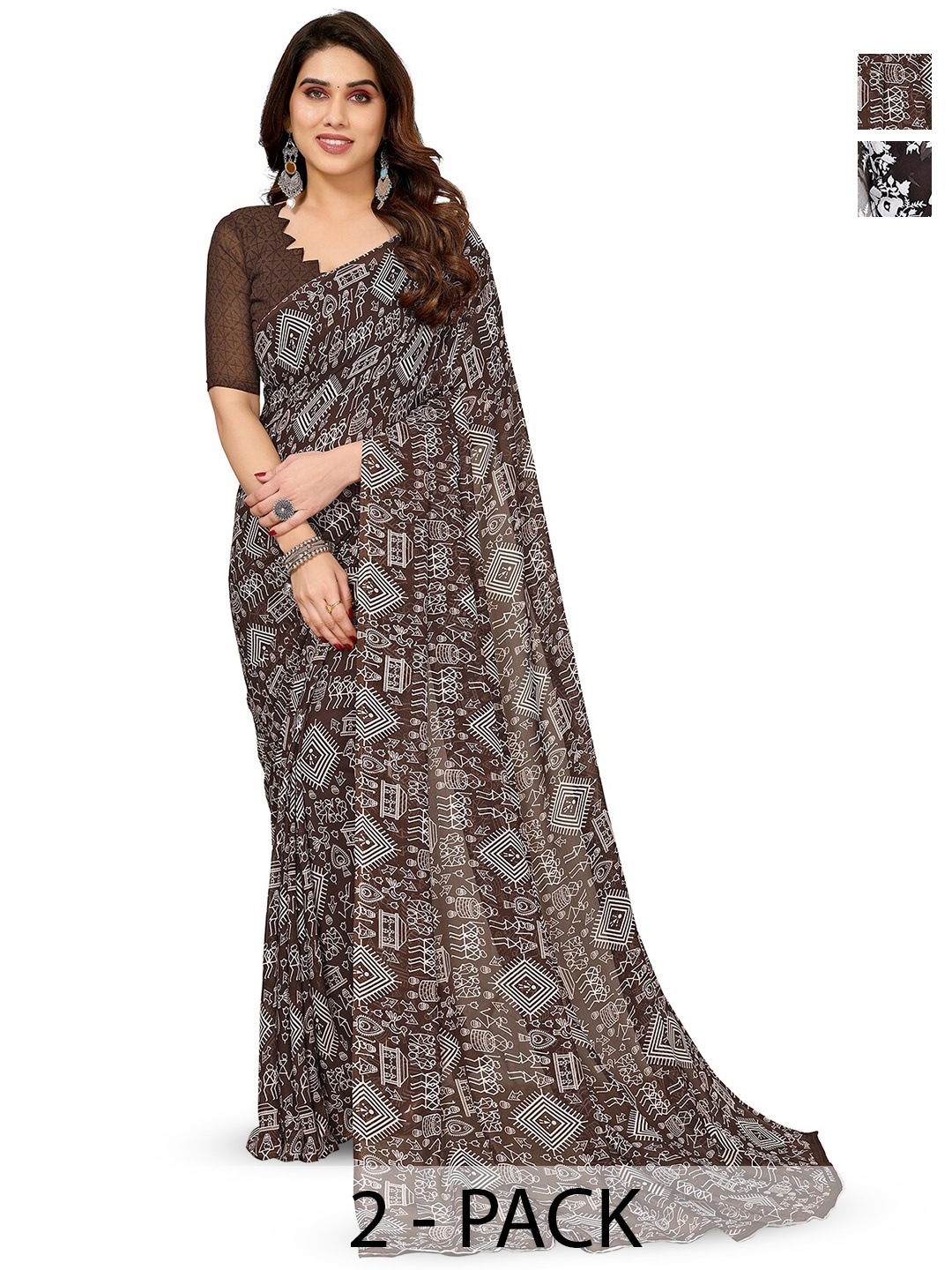 

ANAND SAREES Selection Of 2 Floral Sarees, Brown