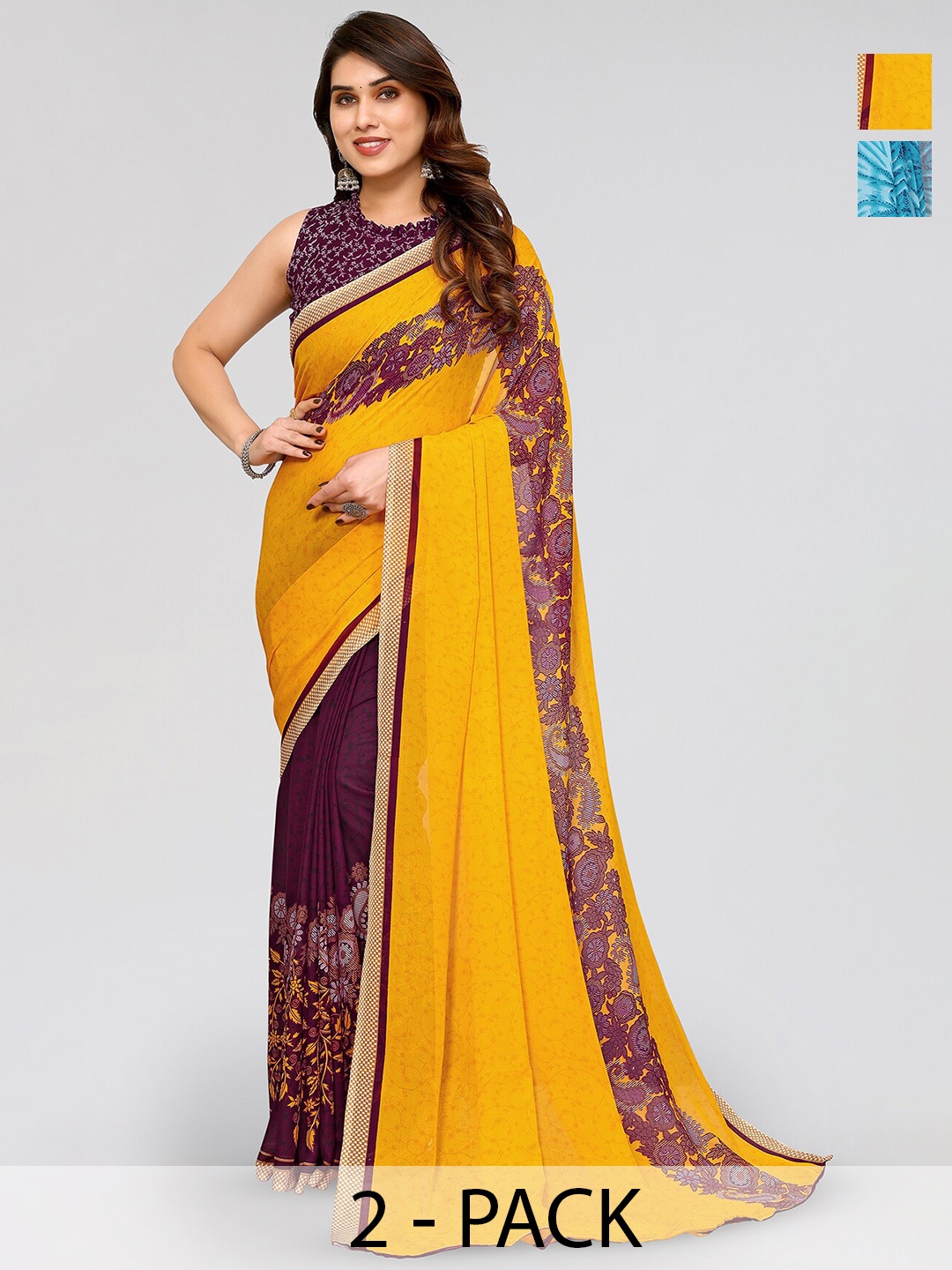

ANAND SAREES Selection Of 2 Printed Sarees, Yellow
