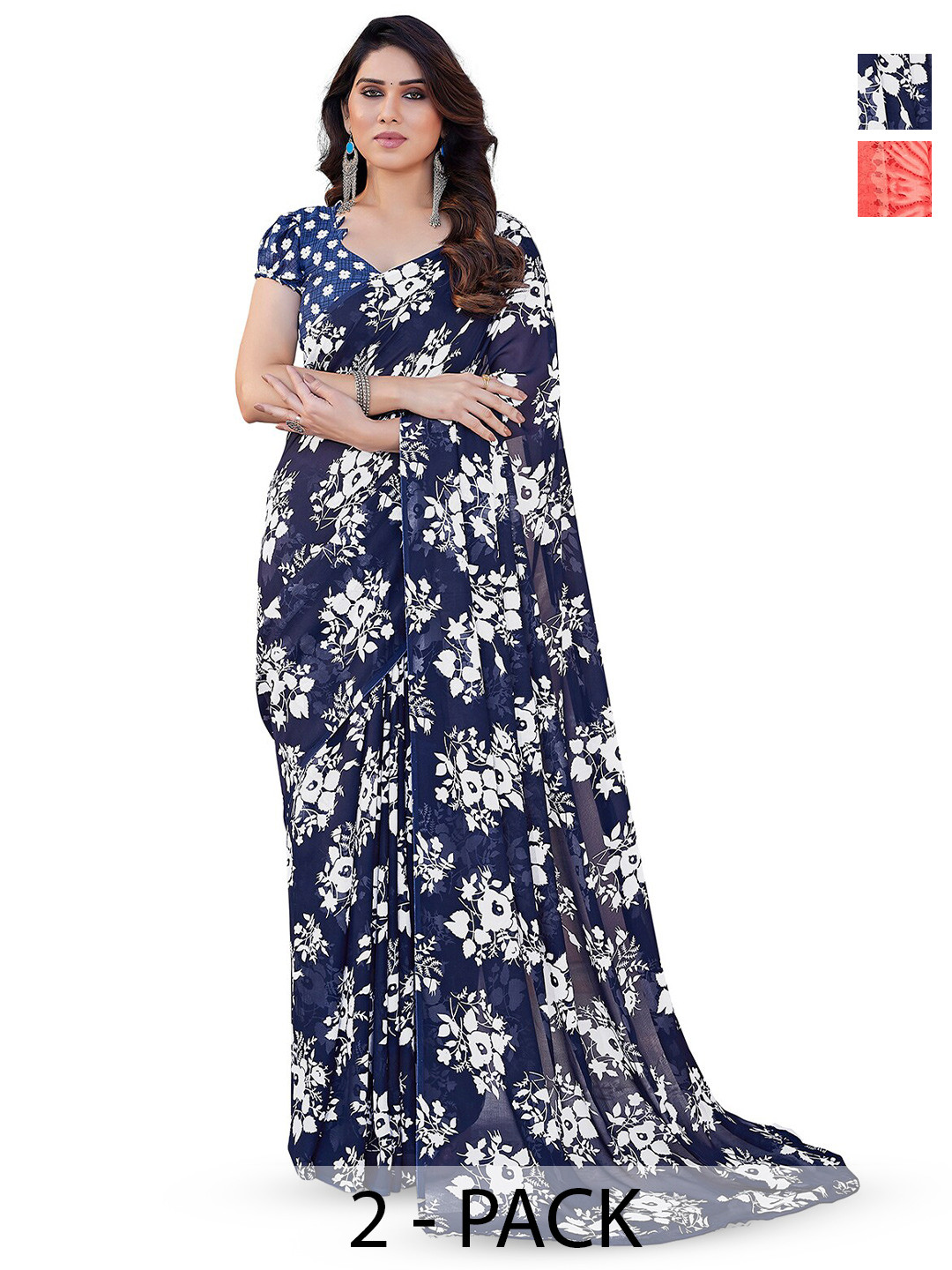 

ANAND SAREES Selection of 2 Floral Printed Saree, Red