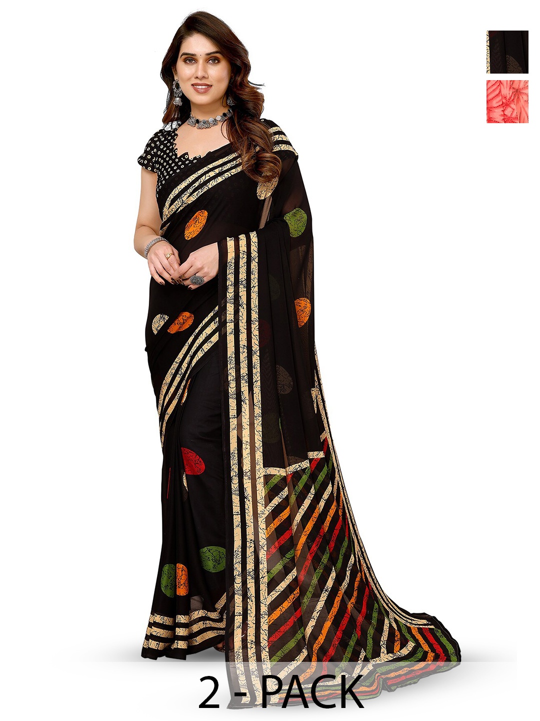 

ANAND SAREES Selection Of 2 Floral Printed Sarees, Peach