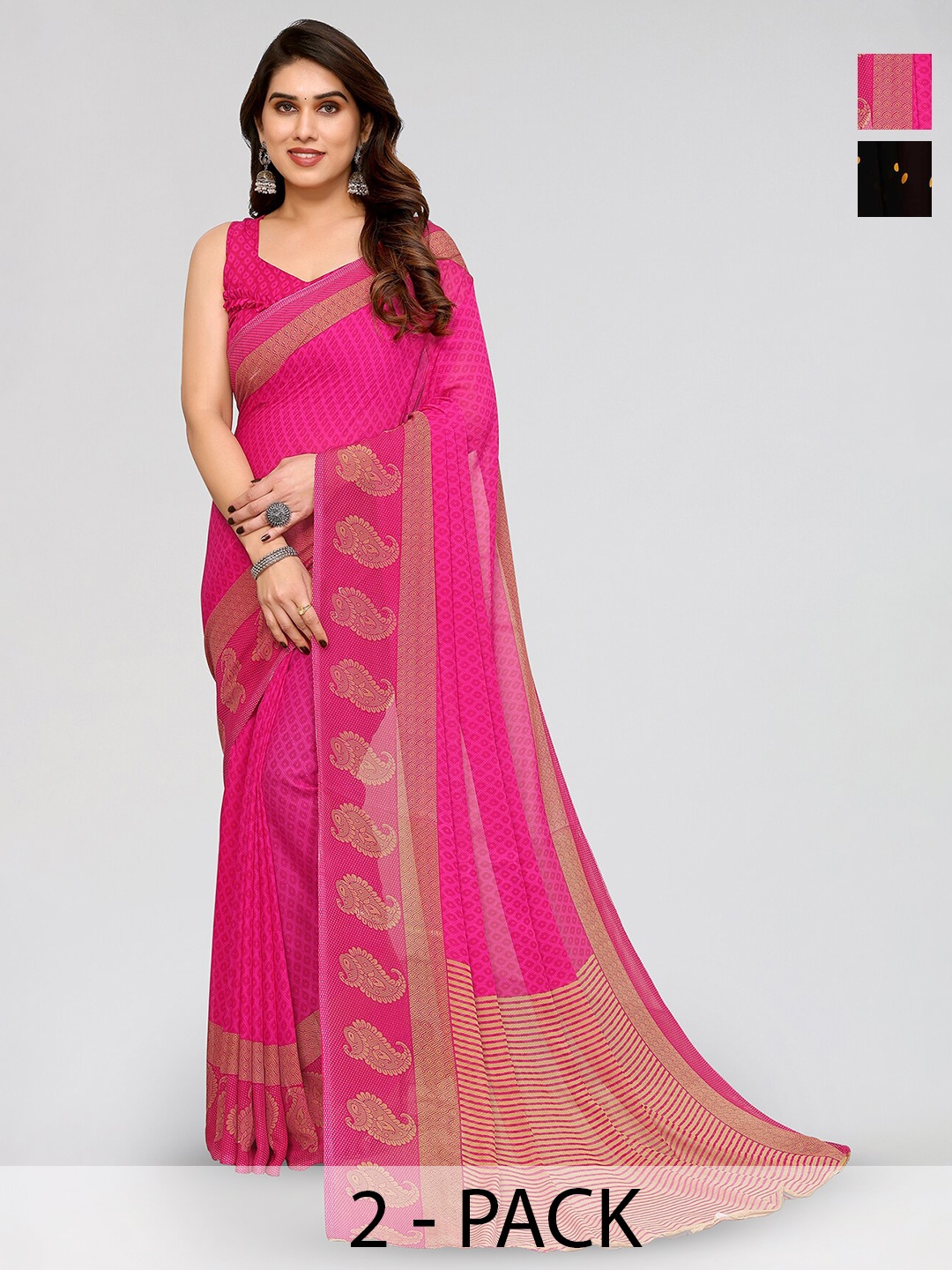 

ANAND SAREES Selection of 2 Polka Dot Printed Sarees, Black