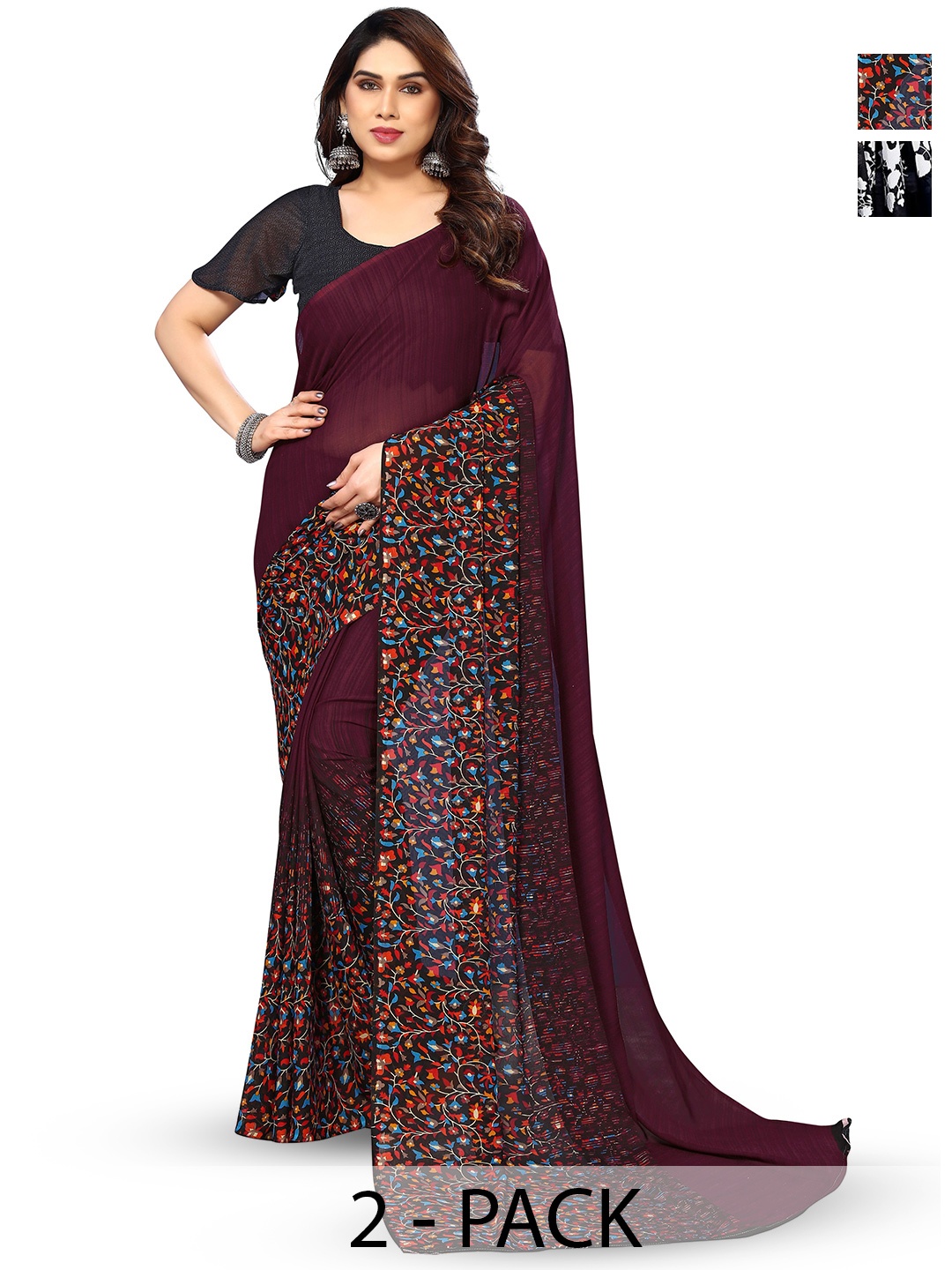 

ANAND SAREES Selection Of 2 Ethnic Motifs Printed Sarees, Black