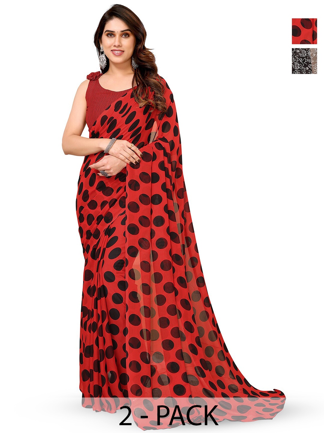 

ANAND SAREES Selection Of 2 Polka Dot Printed Sarees, Red