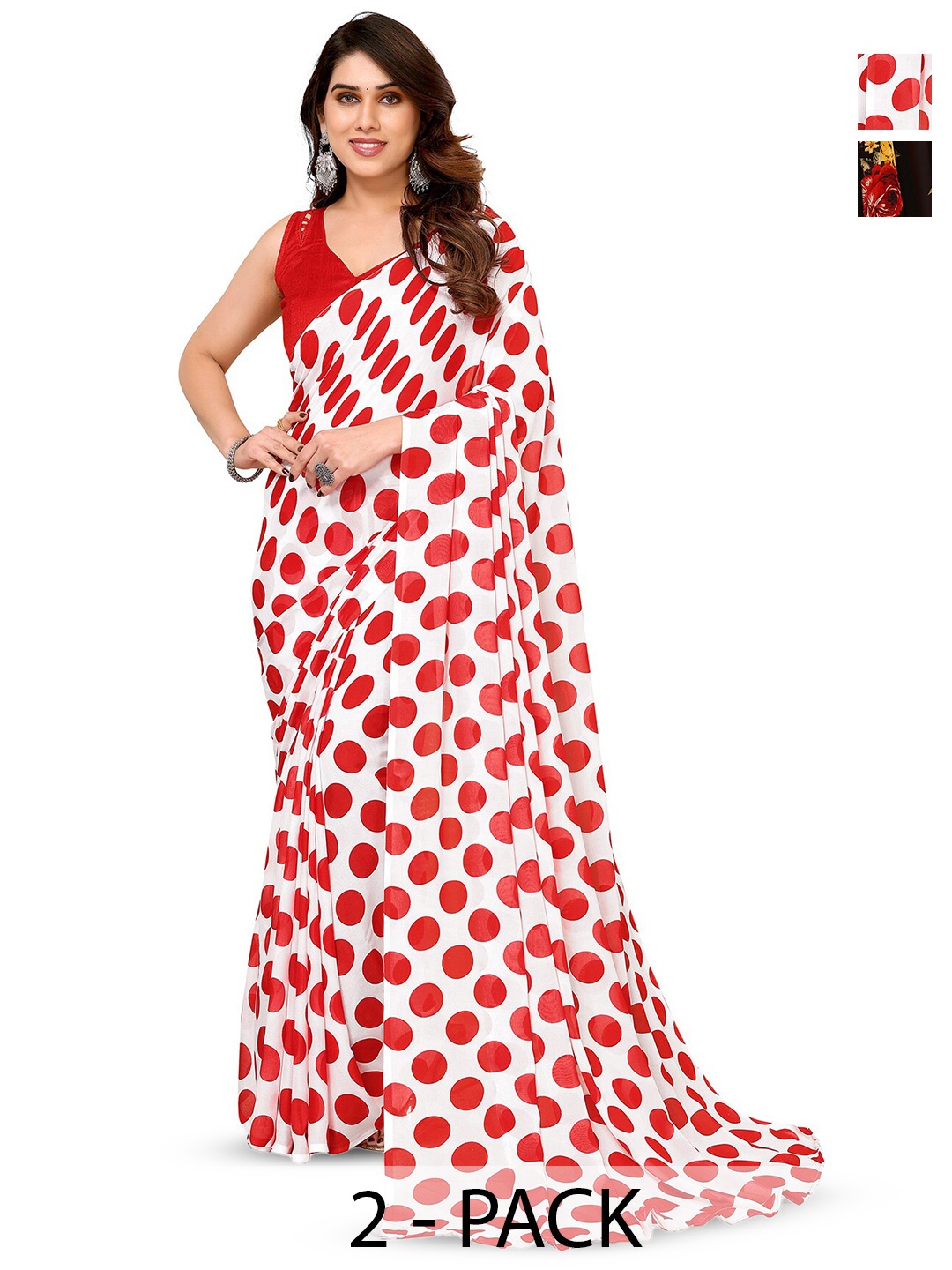 

ANAND SAREES Selection Of 2 Polka Dot Printed Sarees, White