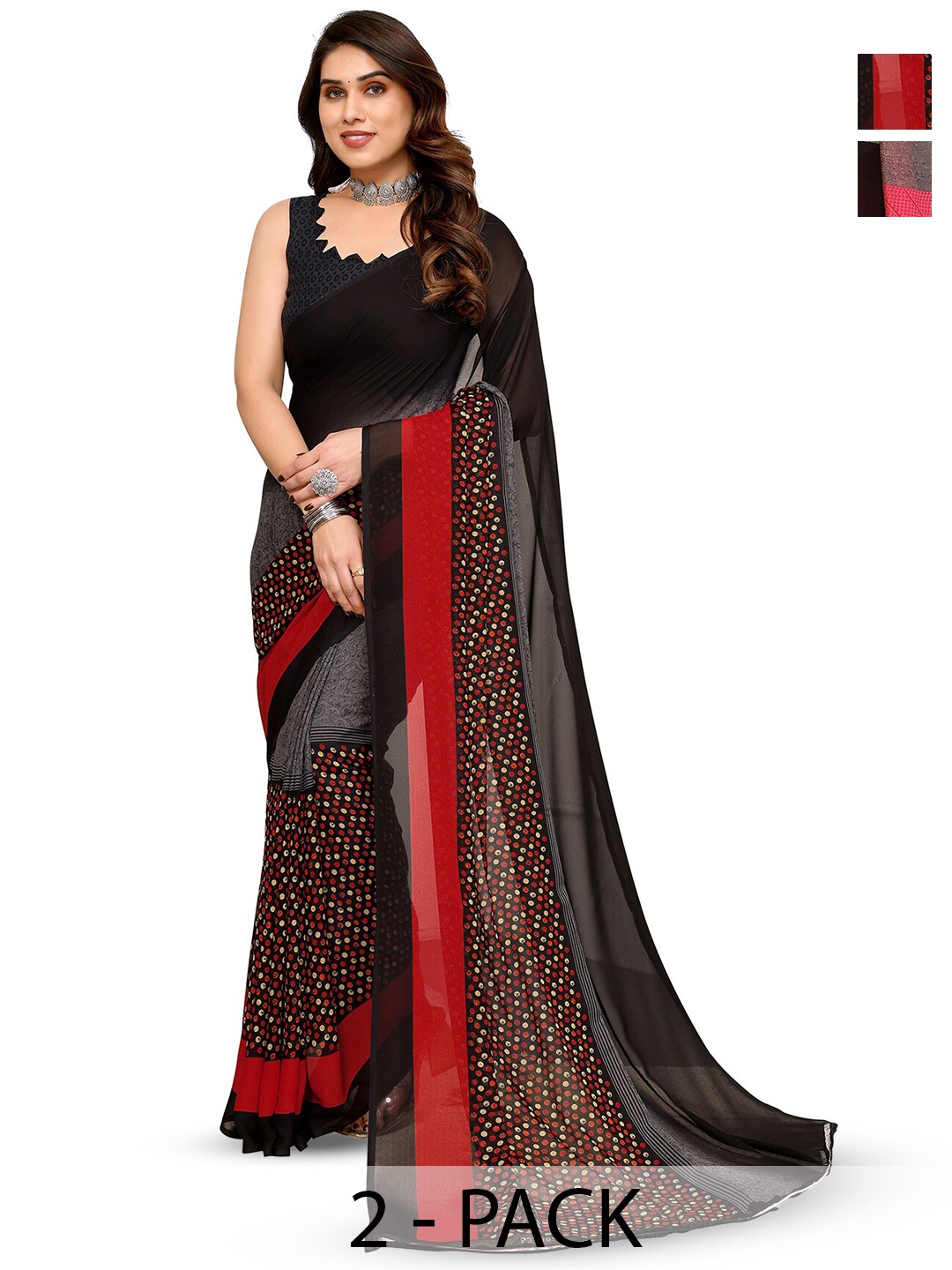 

ANAND SAREES Selection Of 2 Floral Printed Saree, Black