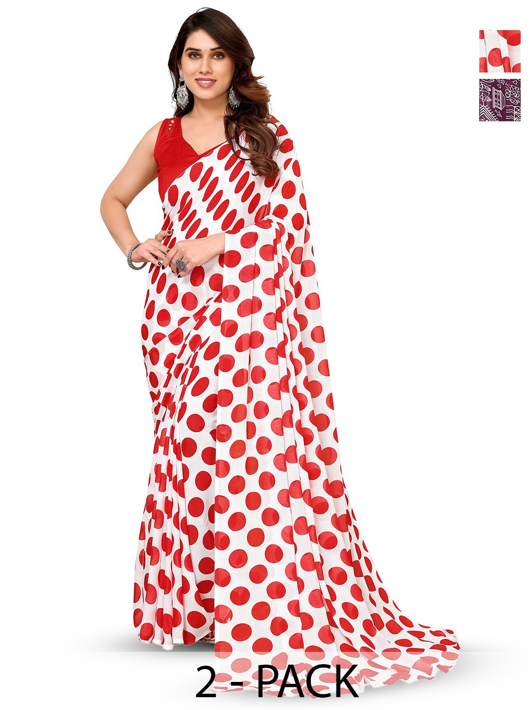 

ANAND SAREES Selection of 2 Polka Dot Sarees, Red