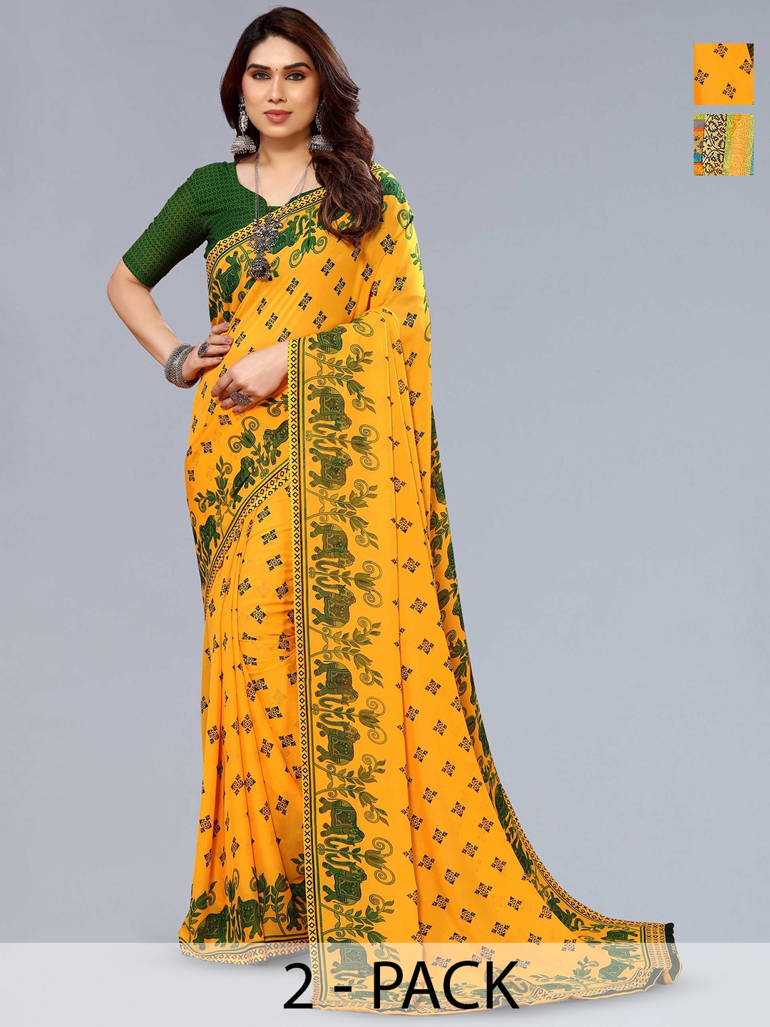 

ANAND SAREES Selection Of 2 Printed Sarees, Yellow