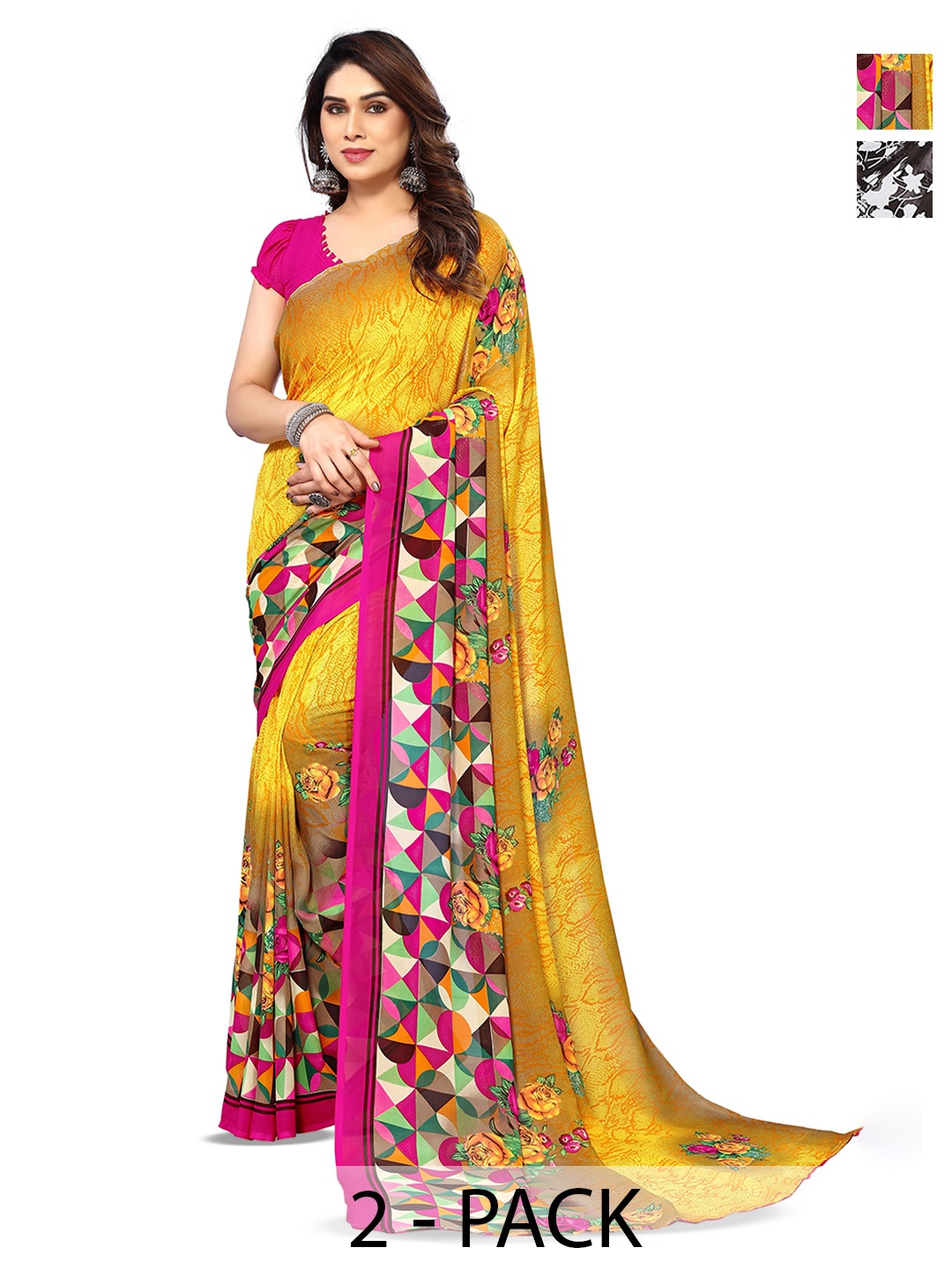 

ANAND SAREES Selection Of 2 Floral Printed Sarees, Brown