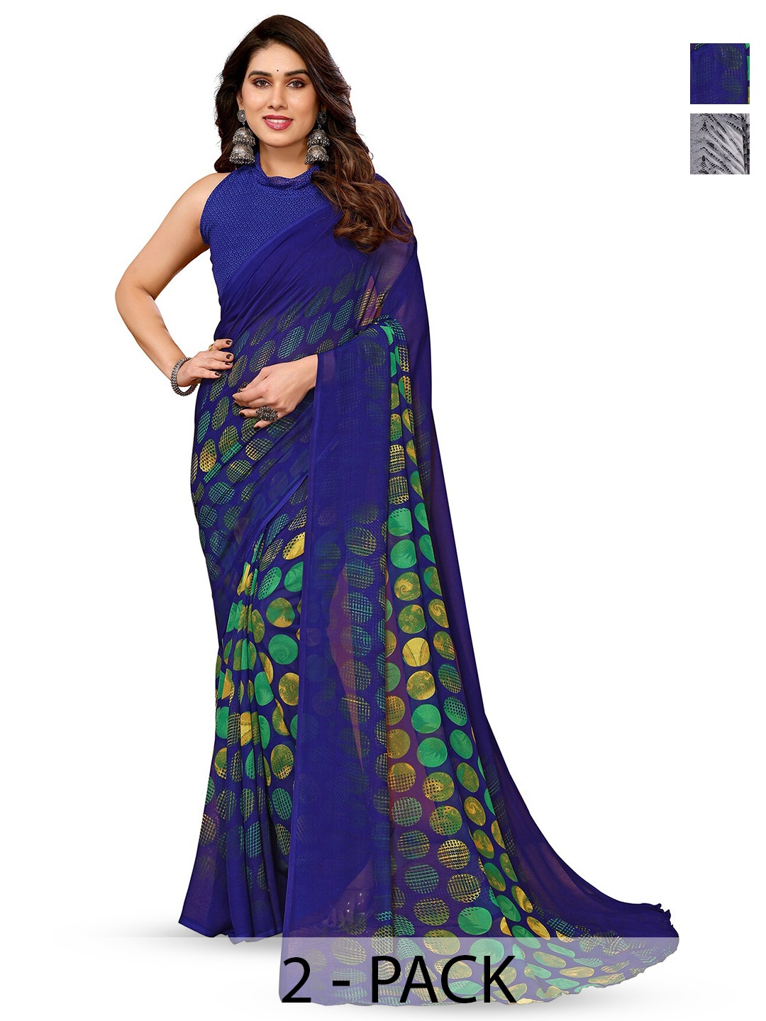 

ANAND SAREES Selection Of 2 Geometric Printed Sarees, Blue