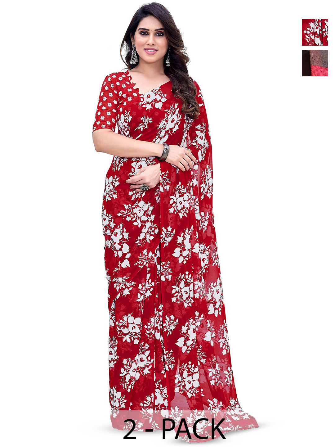 

ANAND SAREES Selection Of 2 Floral Printed Sarees, Red