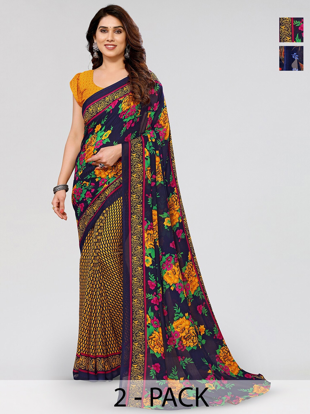 

ANAND SAREES Selection Of 2 Ethnic Motifs Printed Sarees, Blue