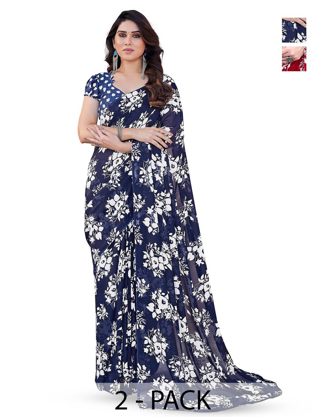 

ANAND SAREES Selection of 2 Floral Printed Sarees, Blue