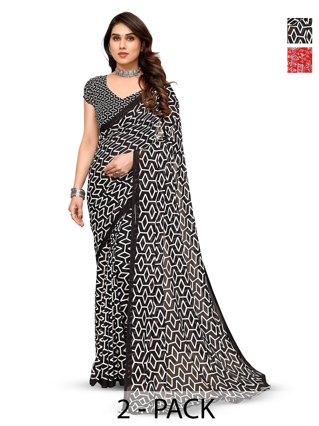 

ANAND SAREES Selection Of 2 Warli Printed Sarees, Red