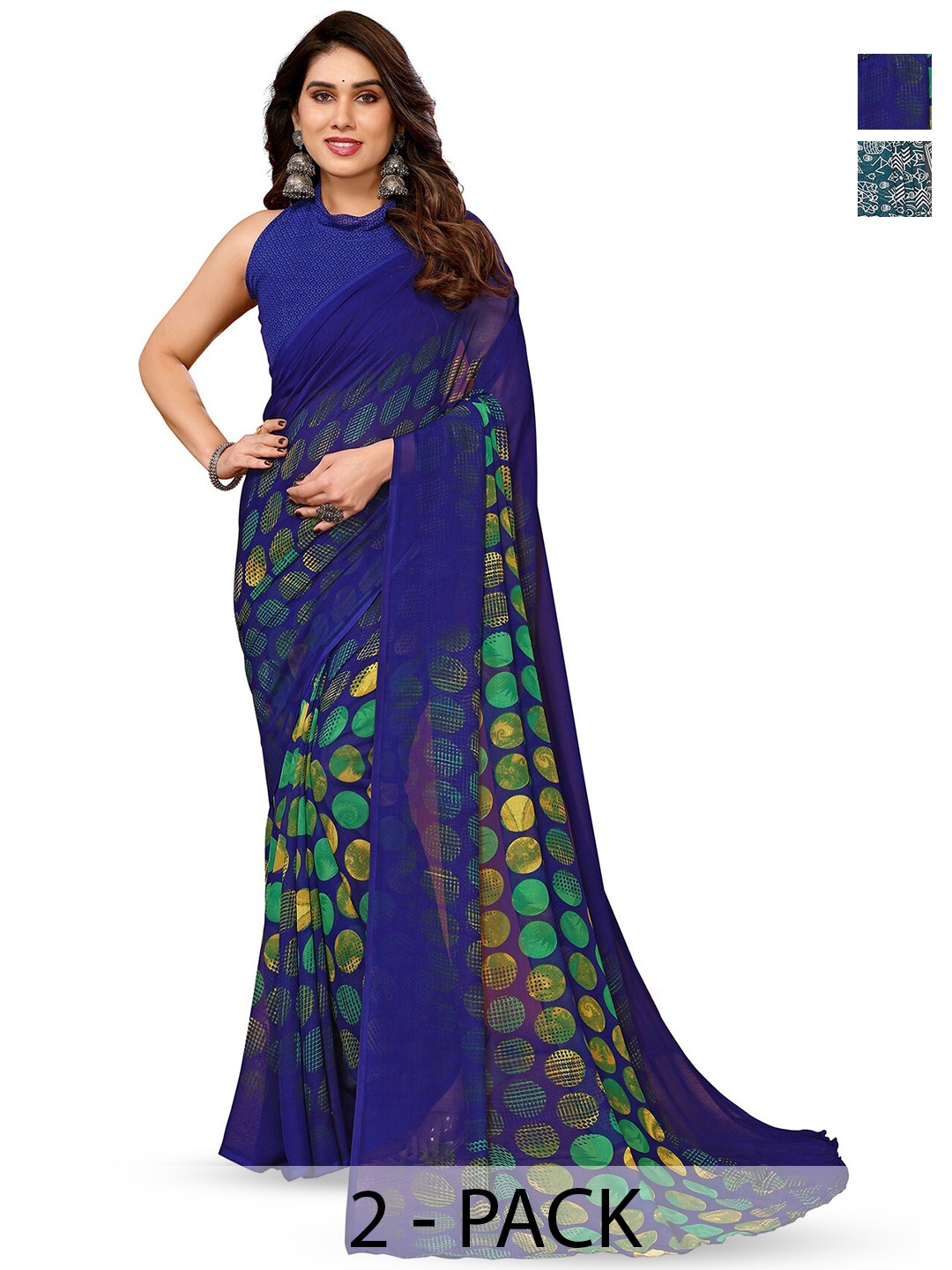 

ANAND SAREES Selection Of 2 Polka Dot Printed Saree, Blue