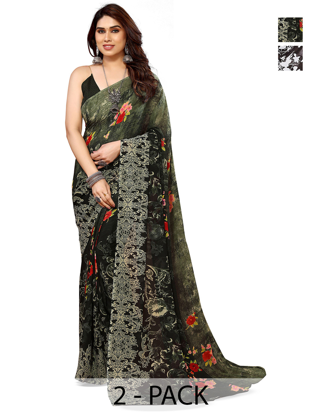 

ANAND SAREES Selection Of 2 Floral Printed Sarees, Brown