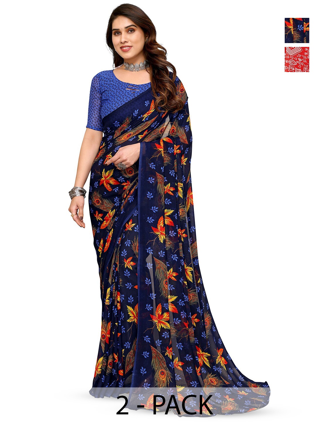 ANAND SAREES Pack Of 2 Floral Printed Georgette Saree, Blue