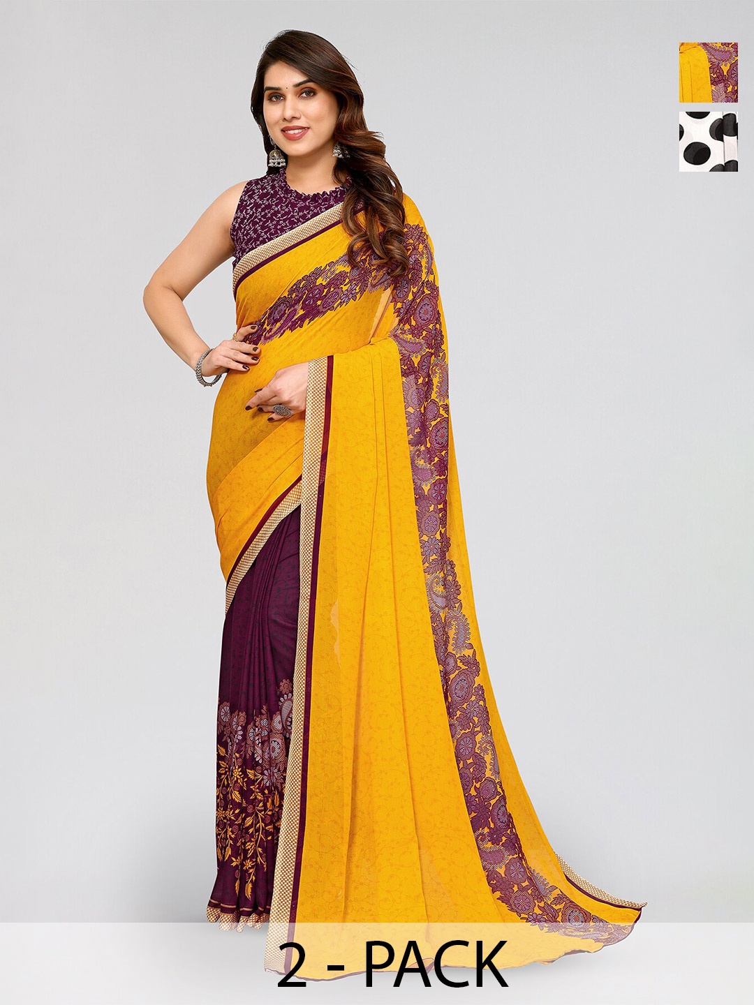 

ANAND SAREES Selection Of 2 Floral Printed Sarees, Black