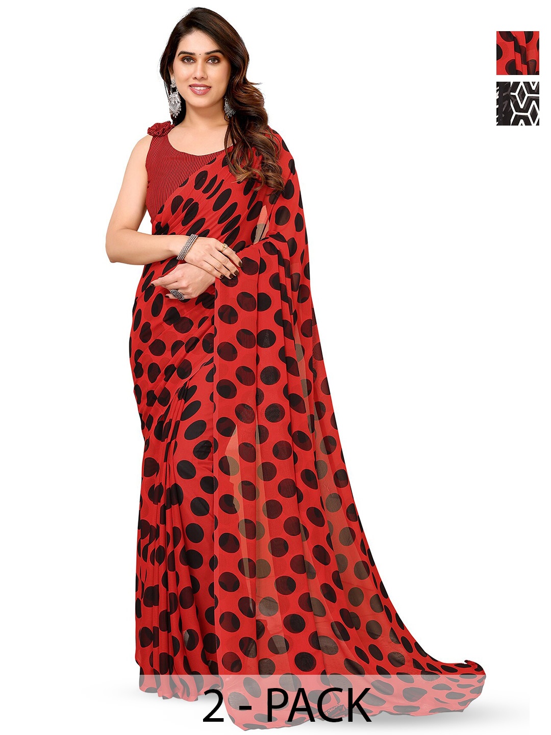 

ANAND SAREES Selection Of 2 Polka Dot Printed Sarees, Red