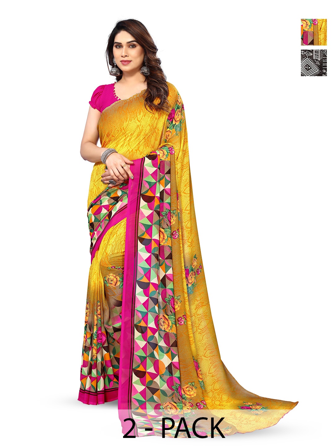 

ANAND SAREES Selection Of 2 Floral Printed Sarees, Black