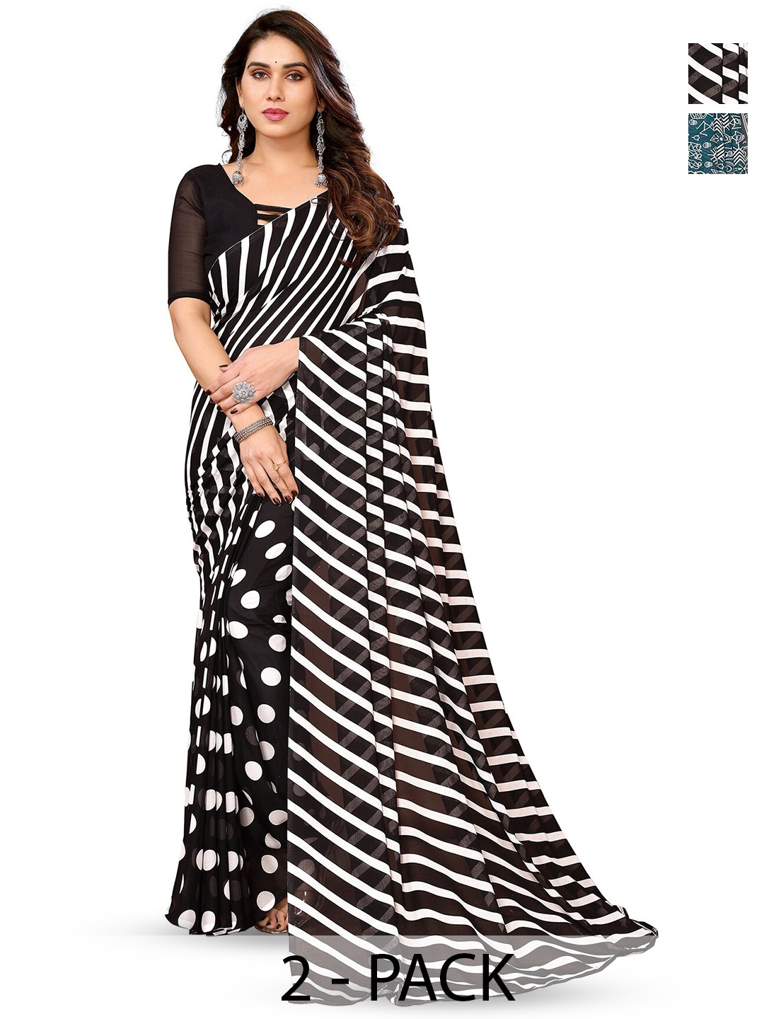 

ANAND SAREES Selection of 2 Geometric Printed Sarees, Blue