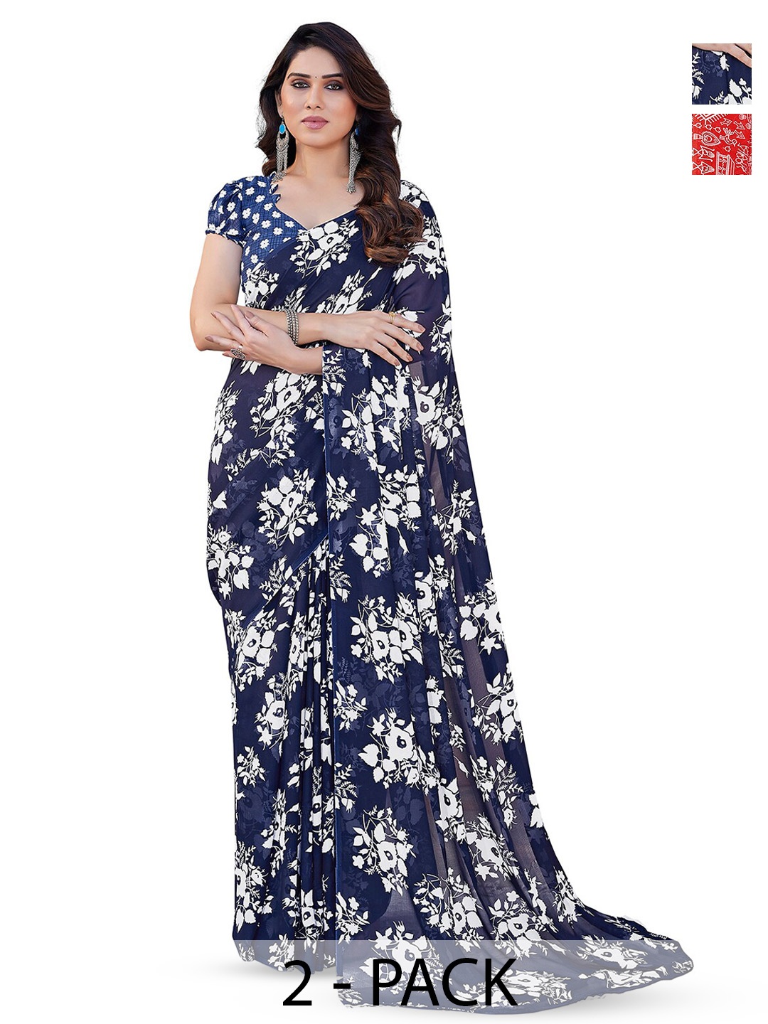 

ANAND SAREES Selection Of 2 Floral Printed Sarees, Blue