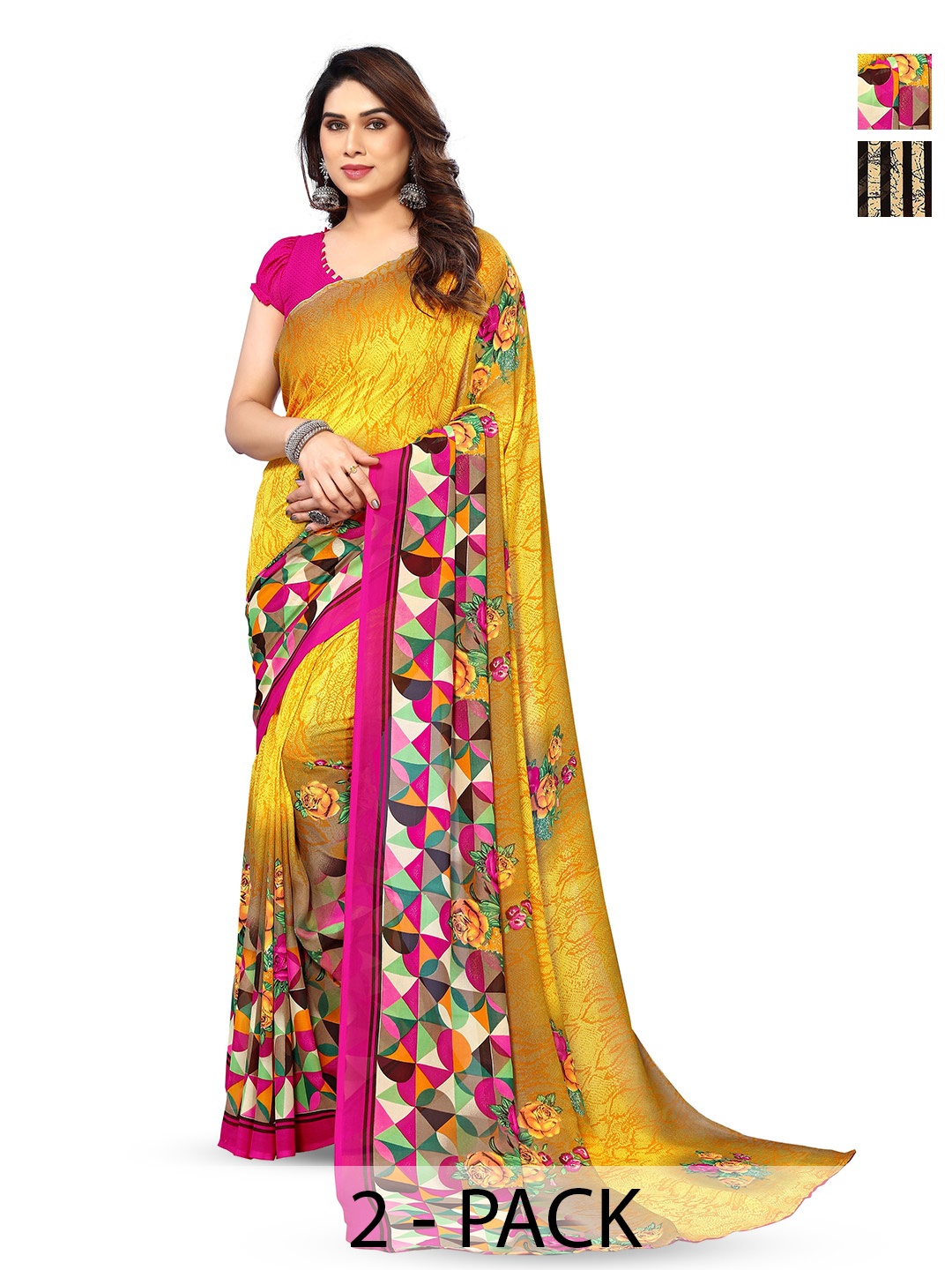 

ANAND SAREES Selection of 2 Geometric Printed Saree, Yellow