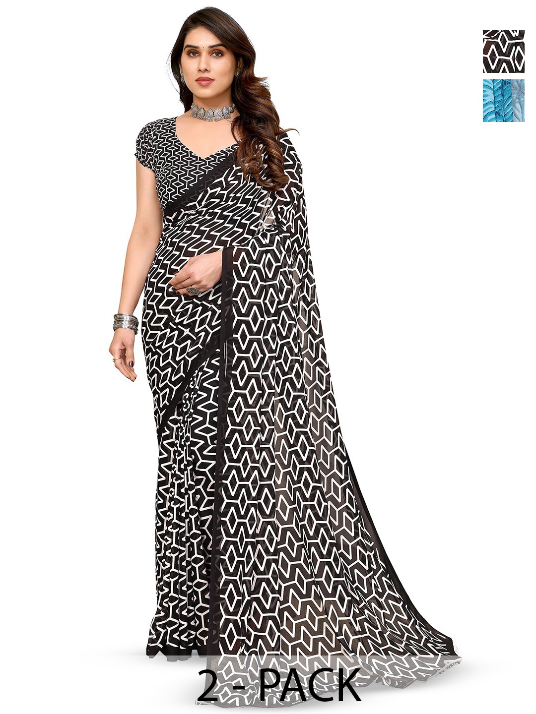 

ANAND SAREES Selection Of 2 Printed Sarees, Black