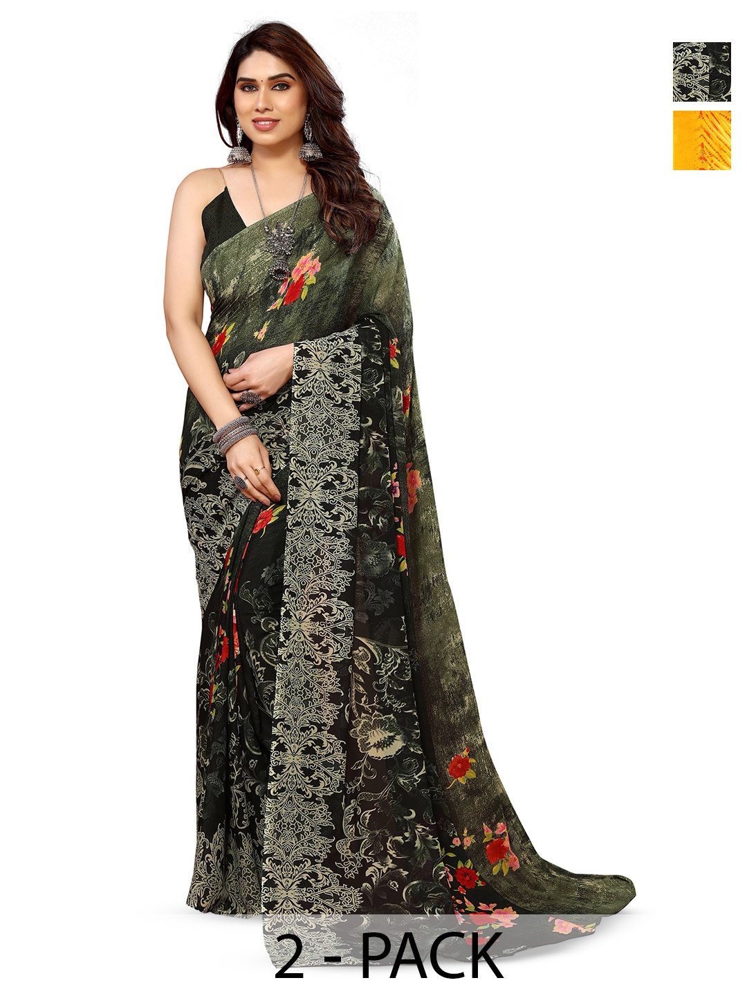 

ANAND SAREES Selection Of 2 Floral Sarees, Green